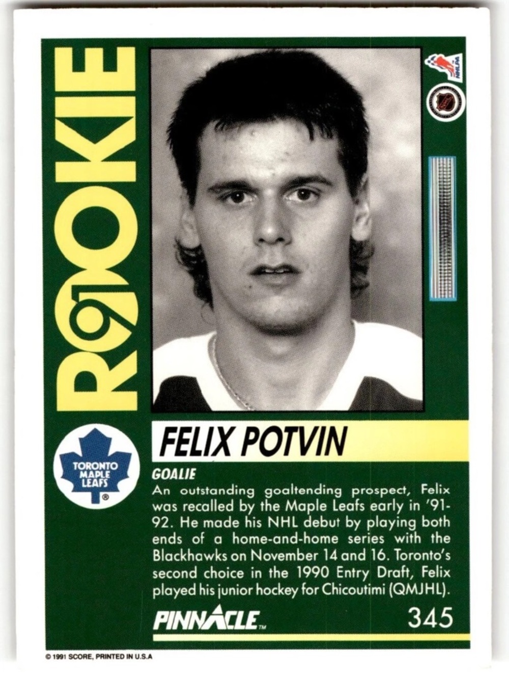 Felix Potvin 1991/92 Pinnacle Toronto Maple Leafs Hockey Card - Picture 2 of 2